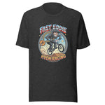A dark heather gray t-shirt featuring a colorful graphic print of a cartoon motorcycle racer with the text 'FAST EDDIE' and 'HYOH RACING'.
