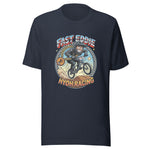 A navy blue short-sleeve t-shirt with a vintage-style graphic on the chest featuring a cartoon motorcycle racer and the text 'FAST EDDIE HYOH RACING'.