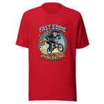 A red short-sleeve crewneck t-shirt featuring a colorful graphic of a cartoon motorcycle racer with the text 'FAST EDDIE' and 'HYOH RACING'.
