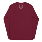 A long-sleeve t-shirt in maroon, shown from the back. It features a circular logo printed in a light beige or off-white color on the upper back, depicting two crossed tools inside a circle.