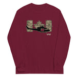 A maroon long-sleeve crewneck t-shirt featuring a graphic of a black helicopter in front of a camouflage patterned Canadian flag, with the text 'HFCB!' printed below.
