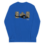 A royal blue long-sleeve crewneck shirt featuring a graphic of a black helicopter in front of a camouflage Canadian maple leaf and the letters 'UH' in a camouflage pattern, with 'Hyb!' printed below.