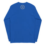 A blue long-sleeve t-shirt shown from the back, featuring the phrase 'Less Noise. More you.