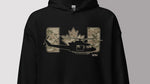 A black pullover hoodie featuring a graphic print of a helicopter silhouette in front of a Canadian maple leaf and camouflage patterned blocks, with 'IWMH' printed below.