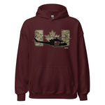 A maroon pullover hoodie with a front graphic featuring a black helicopter silhouette, a Canadian maple leaf, and a large letter 'H' filled with camouflage print, shown on a plain white background.