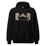 A black pullover hoodie with a front kangaroo pocket and a graphic print on the chest featuring a black tank silhouette, a maple leaf, and camouflage-filled blocks.