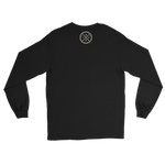 A black long-sleeve t-shirt shown from the back, featuring a small circular logo with crossed tools in light gray at the upper center back, displayed on a solid white background.