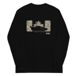 A black long-sleeve crewneck shirt with a graphic on the chest featuring a black tank silhouette, a camouflage maple leaf, and two camouflage vertical panels, with small white text reading 'IYOH!' underneath.