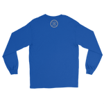 A royal blue long-sleeve t-shirt shown from the back, featuring a small white graphic print centered on the upper back.