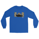 A royal blue long-sleeve t-shirt with a graphic on the chest featuring a black military tank, a camouflage maple leaf, and a small 'hwh!' logo, displayed on a solid white background.