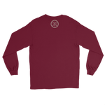 A maroon long-sleeve t-shirt shown from the back, featuring a small circular logo with crossed tools inside a circle printed on the upper center back.