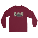 A maroon long-sleeve t-shirt with a graphic on the chest featuring a tank, a camouflage maple leaf, and two vertical camouflage bars, with a small 'hyrl' logo underneath.