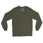 An olive green long-sleeve t-shirt shown from the back, featuring a small circular logo with crossed tools on the upper back.