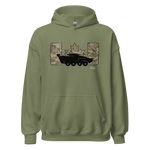 An olive green pullover hoodie with a front graphic featuring a black tank silhouette, a camouflage Canadian maple leaf, and the letters 'U' and 'O' in a camouflage pattern, shown on a plain white background.