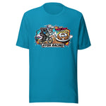 A teal blue short-sleeve t-shirt with a colorful graphic print on the chest featuring a BMX racer, a pullman truck, and the text 'HYOH RACING'.