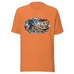 An orange short-sleeve crewneck t-shirt featuring a colorful graphic print on the chest with a cartoon motorcycle racer, a donut, and the text 'HYOH RACING' and 'JUMPING BICYCLE PULLMAN'.