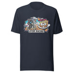 A navy blue short-sleeve t-shirt with a colorful graphic print on the chest featuring a motocross rider, a donut, and the text 'HYOH RACING' and 'JIMMY RACE PULLMAN'.