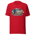 A red short-sleeve crewneck t-shirt featuring a colorful graphic print on the chest with a cartoon motorcycle rider, a donut, and the text 'HYOH RACING' and 'JIMMY RACING PULLMAN'.