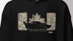 A black hoodie featuring a graphic print of a black tank silhouette in front of a camouflage Canadian maple leaf and two camouflage panels.